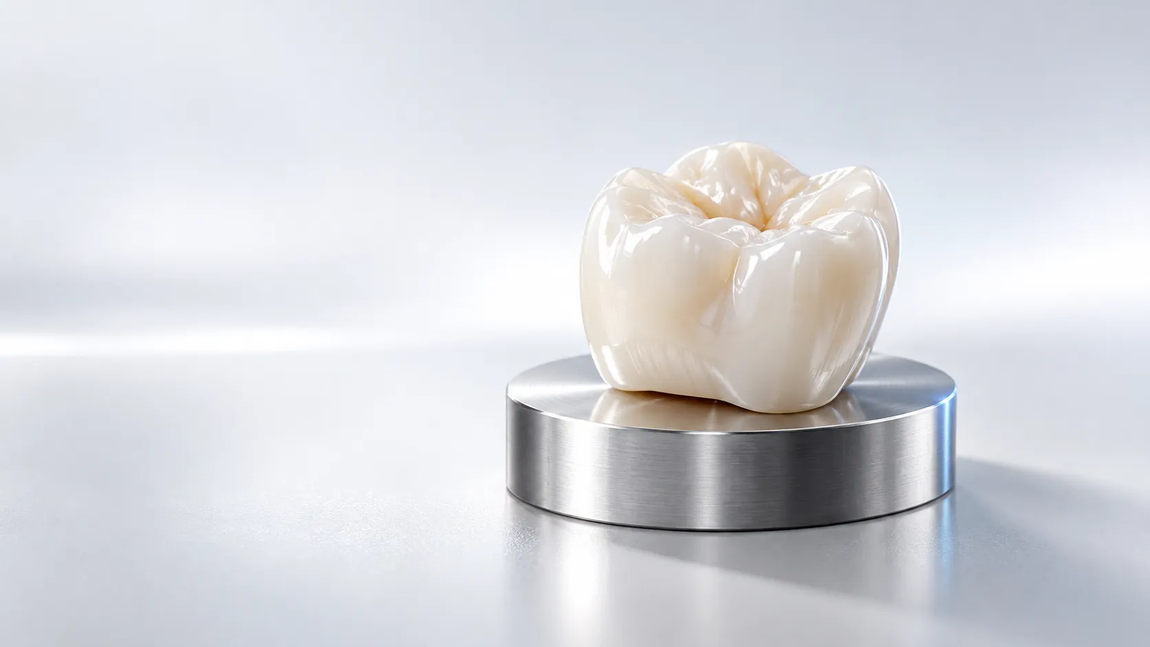 Concept image: a single ceramic crown resting on a small metal plinth in soft light.