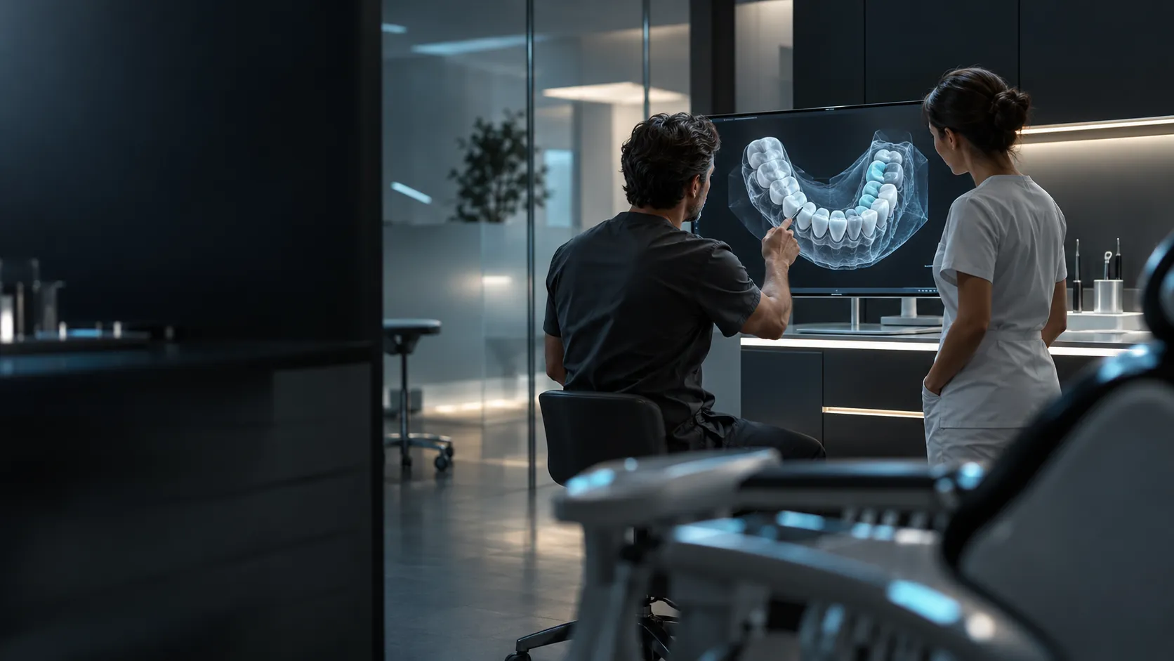 Concept image: a dentist and a colleague study a three-dimensional dental scan together on a large screen.