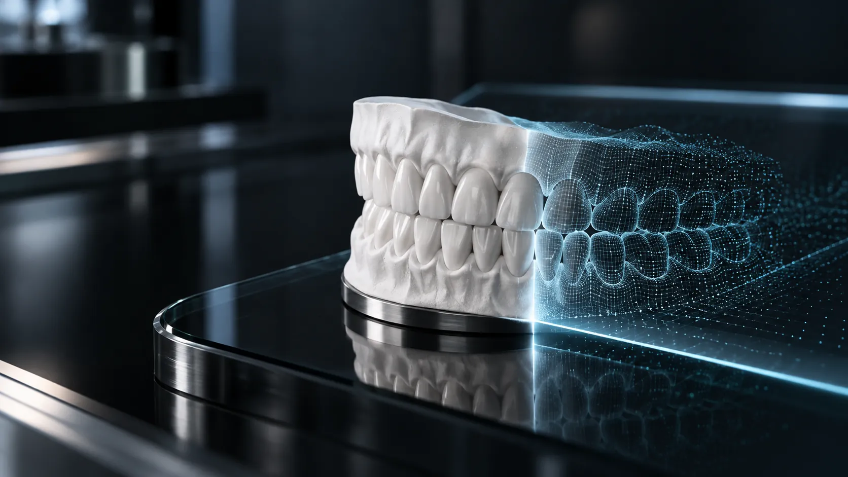 Concept image: a plaster dental model beside matching digital scan geometry on a dark glass surface.
